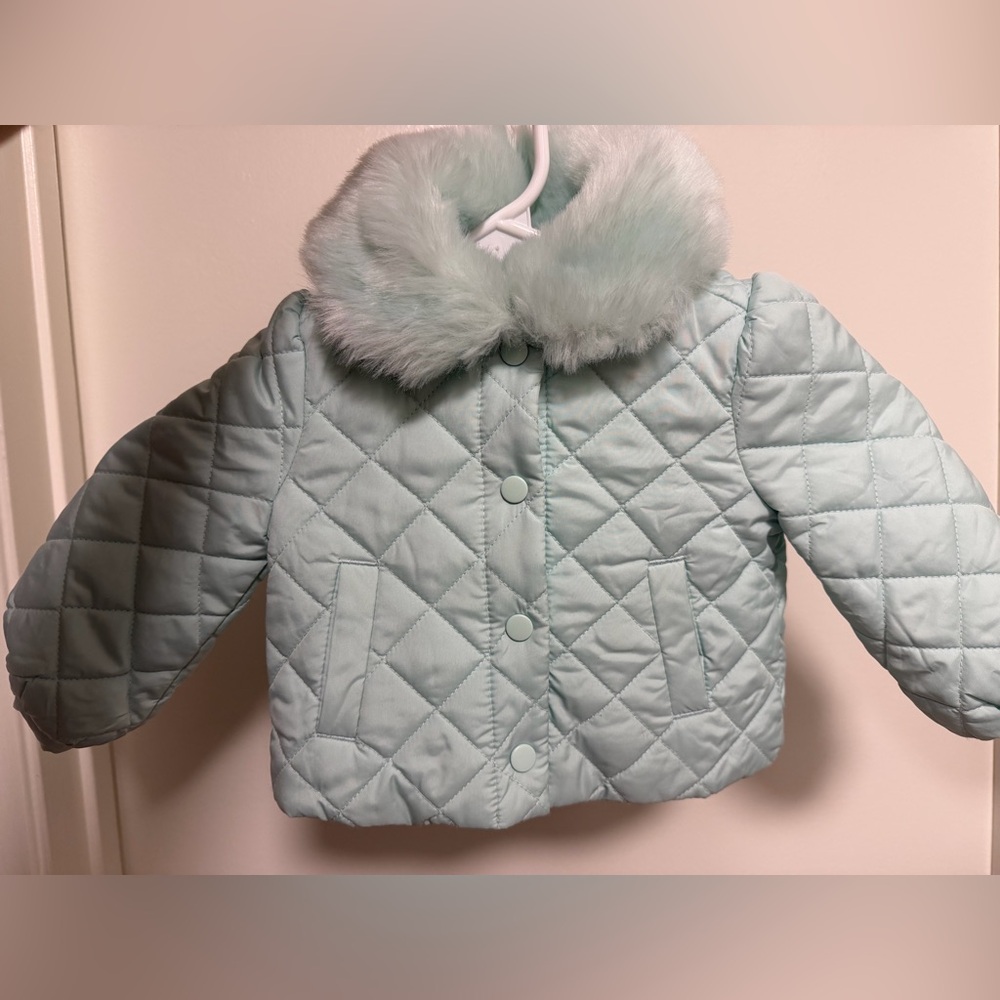 Janie and Jack 12-18m Light Blue Quilted Jacket with Faux Fur Collar